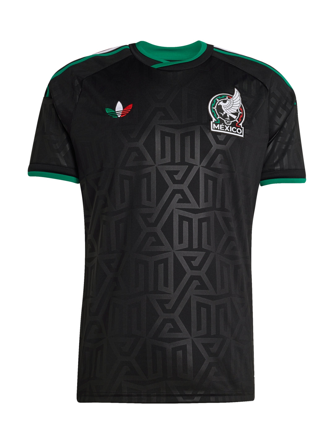 Jersey de fútbol Adidas color negro con detalles en verde y rojo y el escudo de la selección de México.