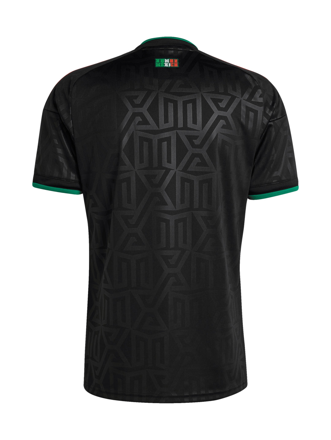 Jersey de fútbol Adidas color negro con detalles en verde y rojo y el escudo de la selección de México.