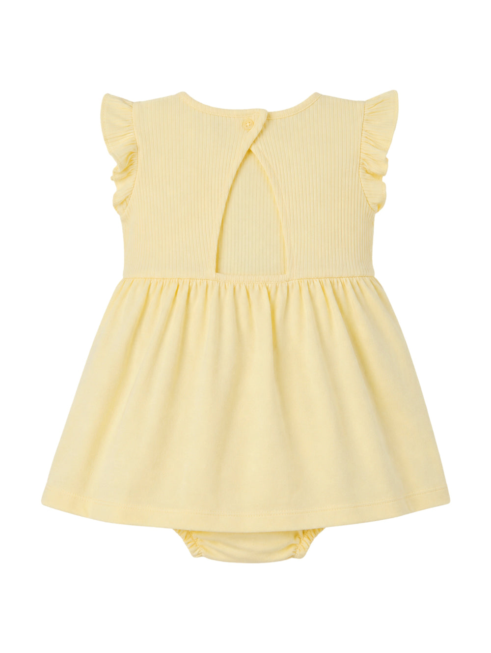 Vestido pañalero color amarillo claro para niña con volantes en los hombros y un pequeño sol bordado en el pecho.