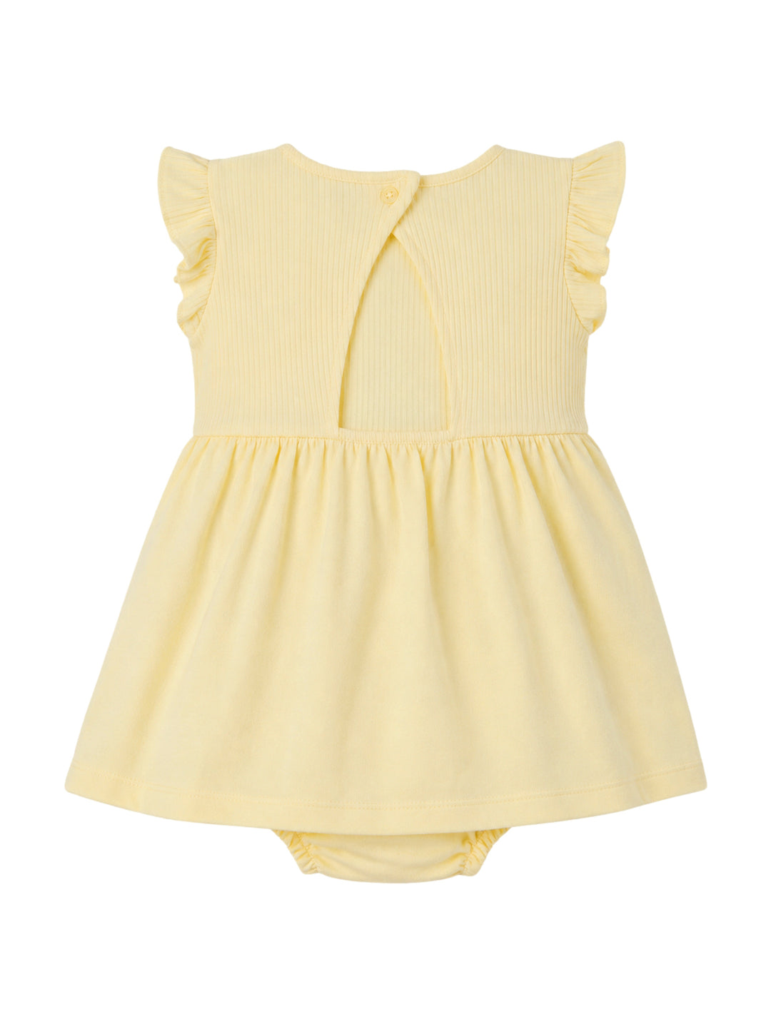 Vestido pañalero color amarillo claro para niña con volantes en los hombros y un pequeño sol bordado en el pecho.