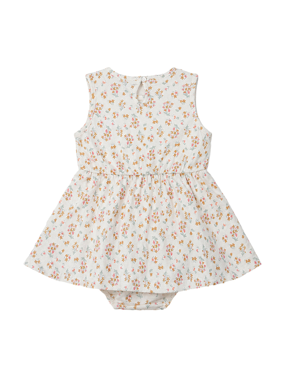 Vestido pañalero color ivory con estampado floral pequeño y moño al frente para niña.