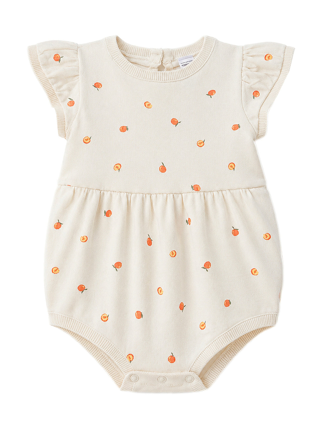 Romper color ivory para niña con estampado de pequeñas naranjas y mangas volantes.