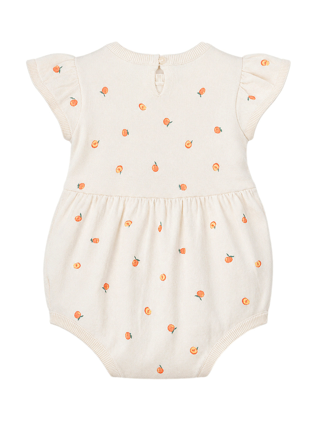 Romper color ivory para niña con estampado de pequeñas naranjas y mangas volantes.