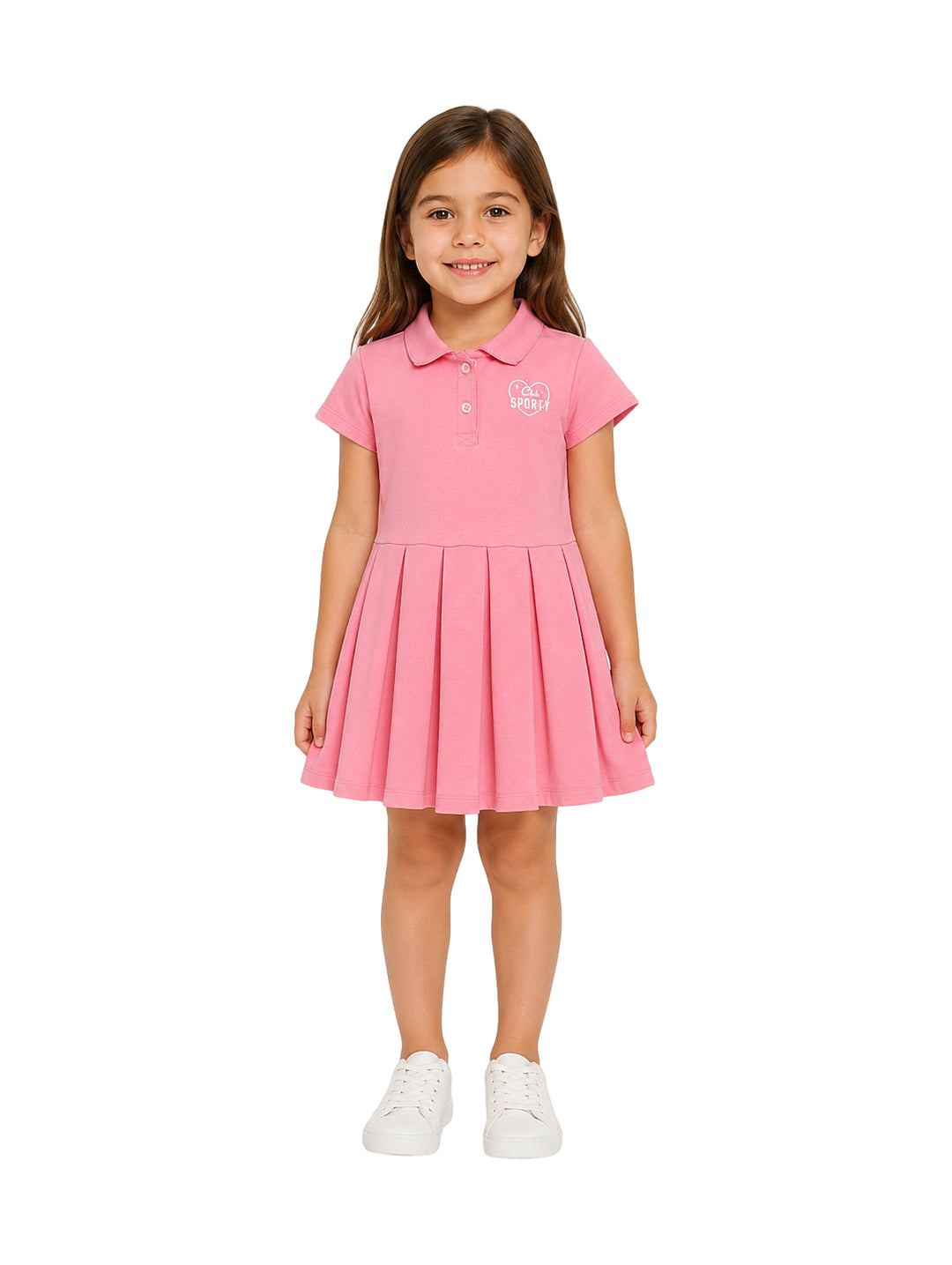 Niña vistiendo un vestido rosa estilo polo con cuello y botones