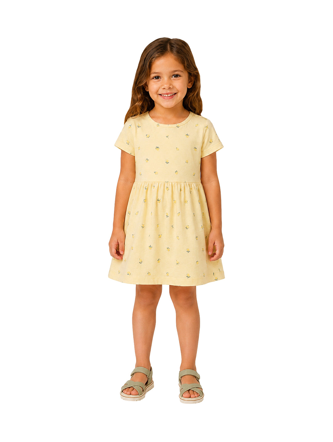 Niña con vestido corto color amarillo pálido con estampado floral pequeño.