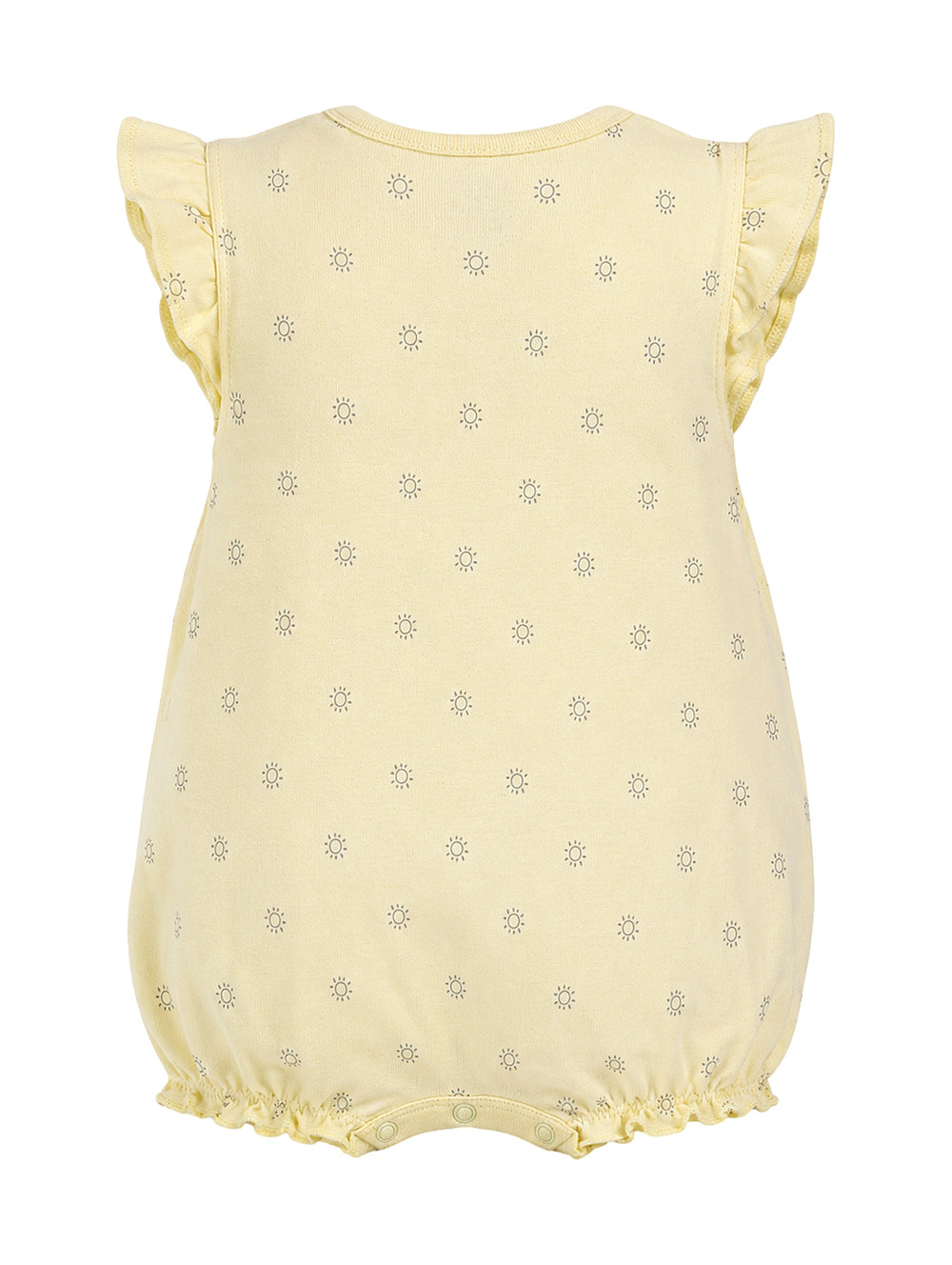 Jumper amarillo para niña con estampado de soles, mangas con volantes y bolsillos frontales.