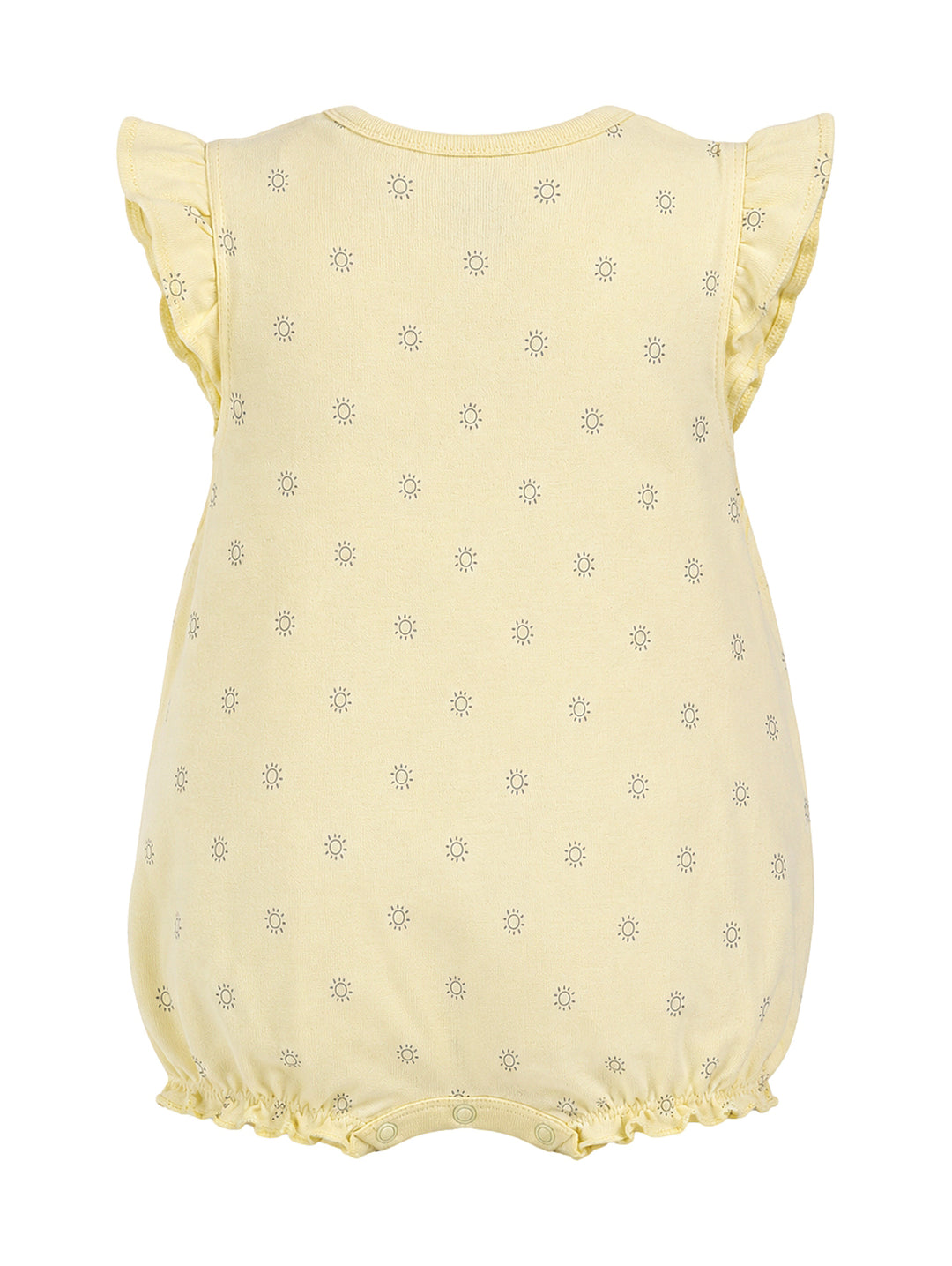Jumper amarillo para niña con estampado de soles, mangas con volantes y bolsillos frontales.