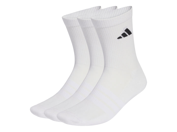 Paquete de tres pares de calcetines blancos Adidas con logo negro.