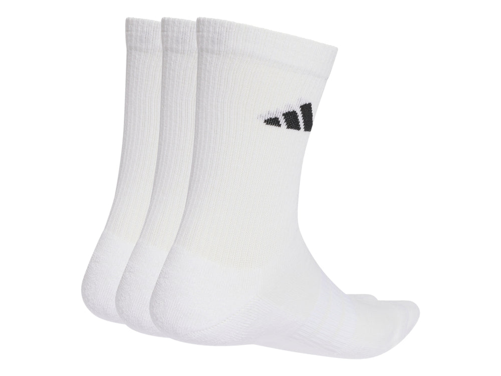 Paquete de tres pares de calcetines blancos Adidas con logo negro.