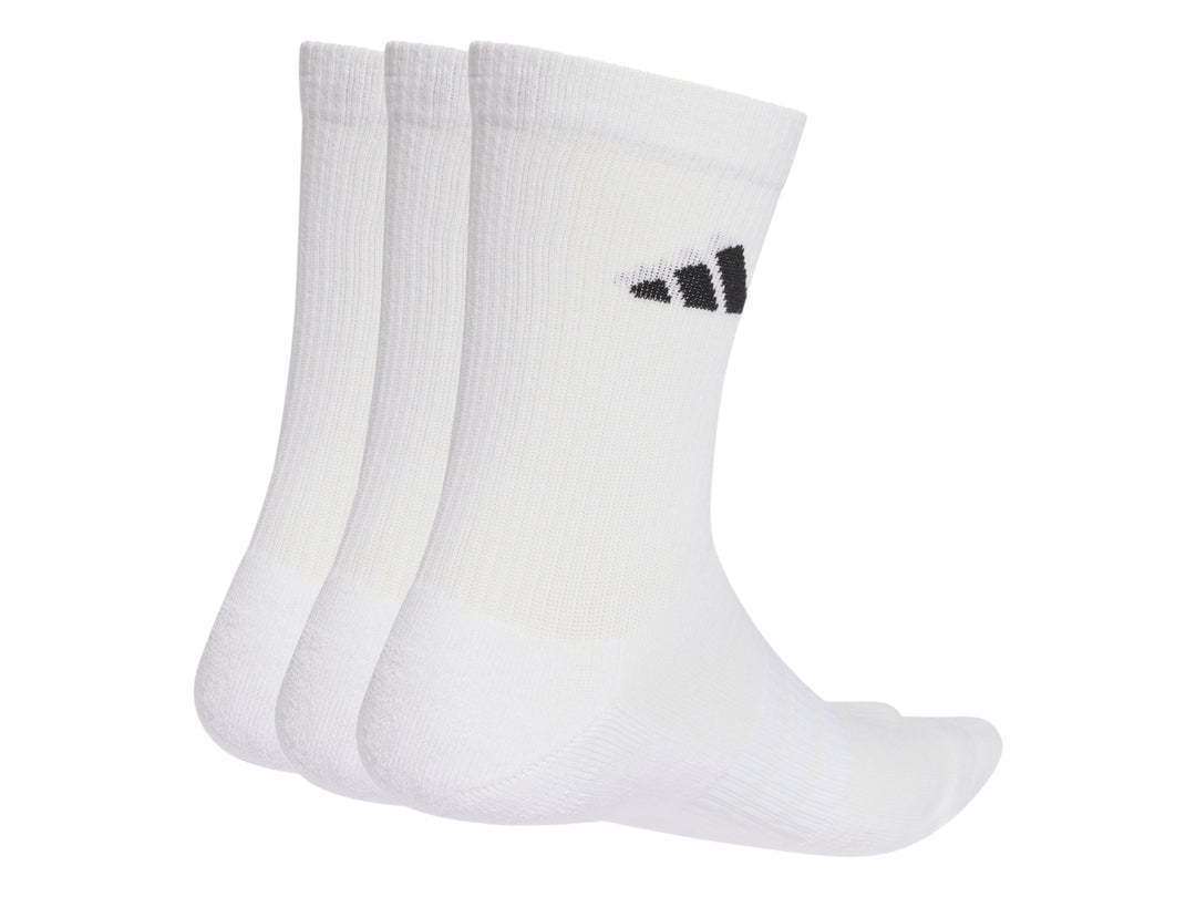 Paquete de tres pares de calcetines blancos Adidas con logo negro.