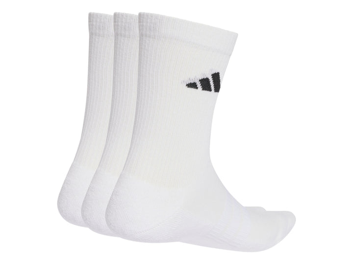 Paquete de tres pares de calcetines blancos Adidas con logo negro.