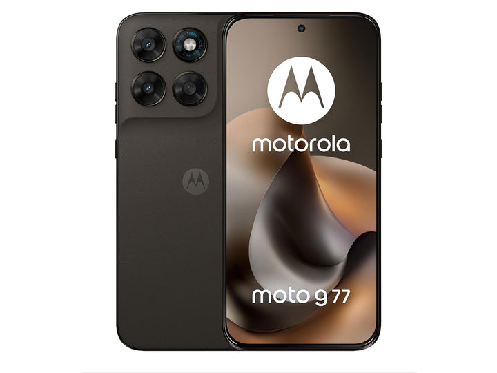 Teléfono Motorola Moto G77 en color café, vista frontal y posterior sobre fondo blanco.