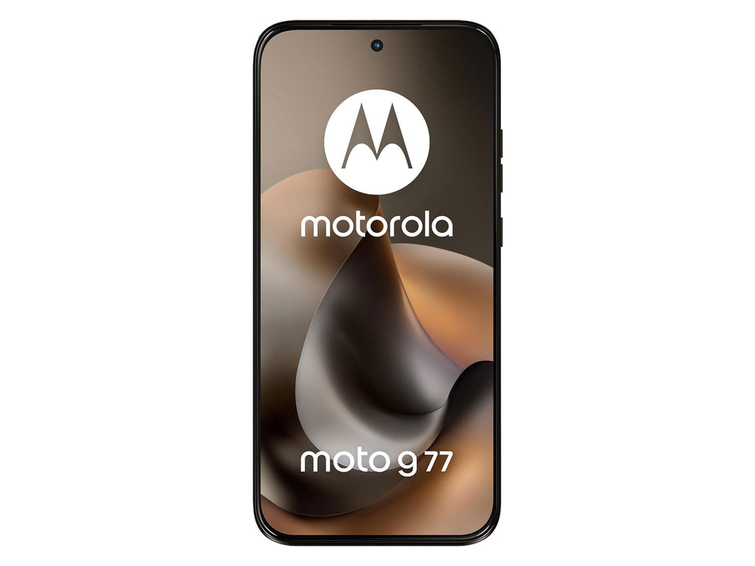 Teléfono Motorola Moto G77 en color café, vista frontal y posterior sobre fondo blanco.