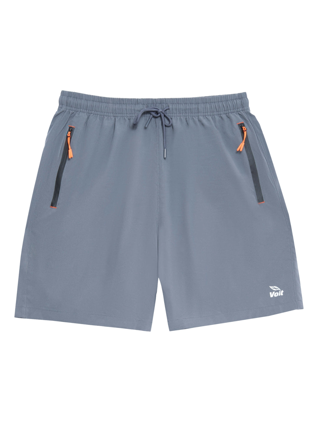 Hombre vistiendo shorts deportivos de color gris marca Voit con detalles en naranja en los bolsillos.