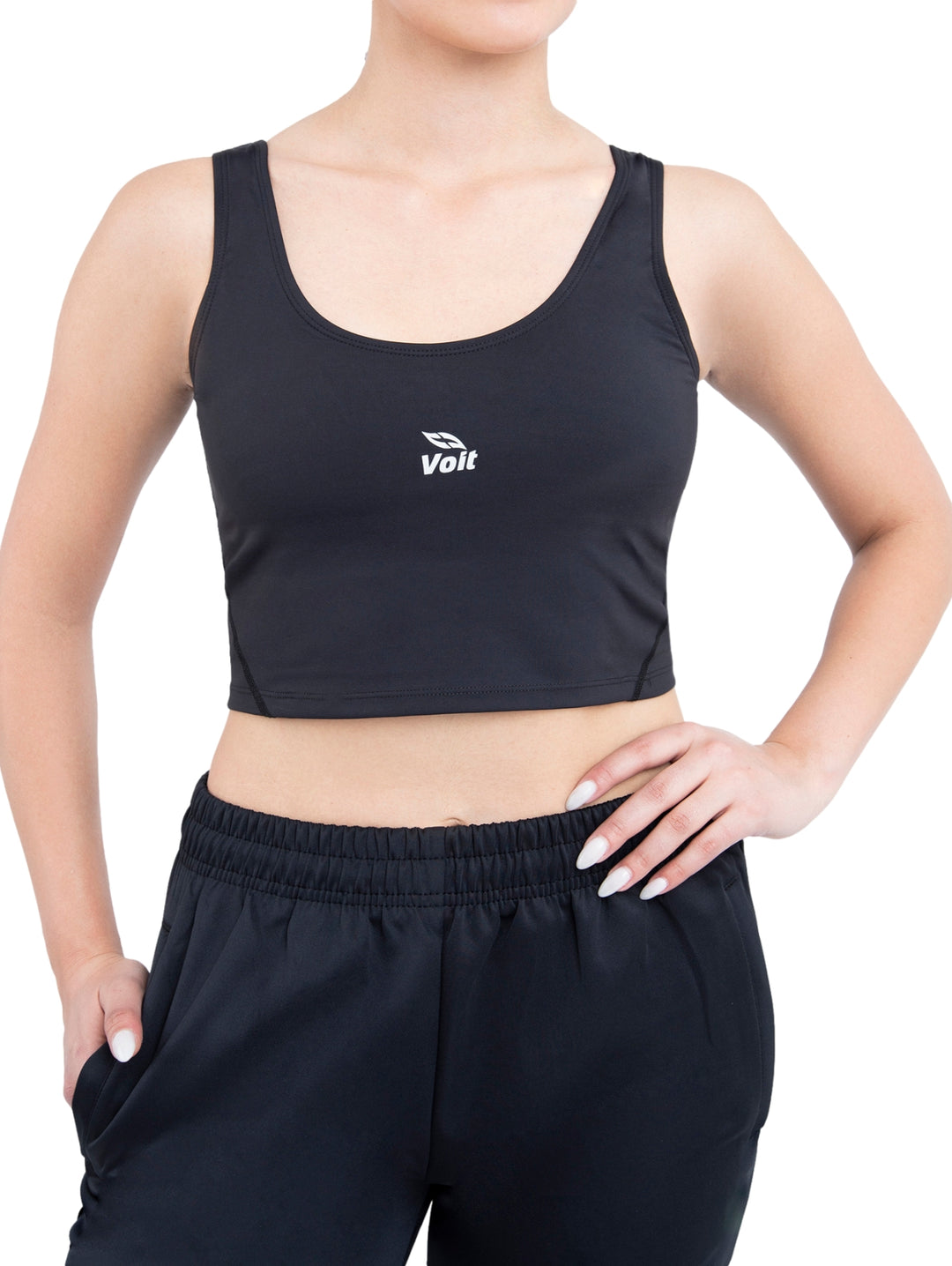 Top deportivo negro de marca Voit para mujer, estilo crop top con cuello redondo.