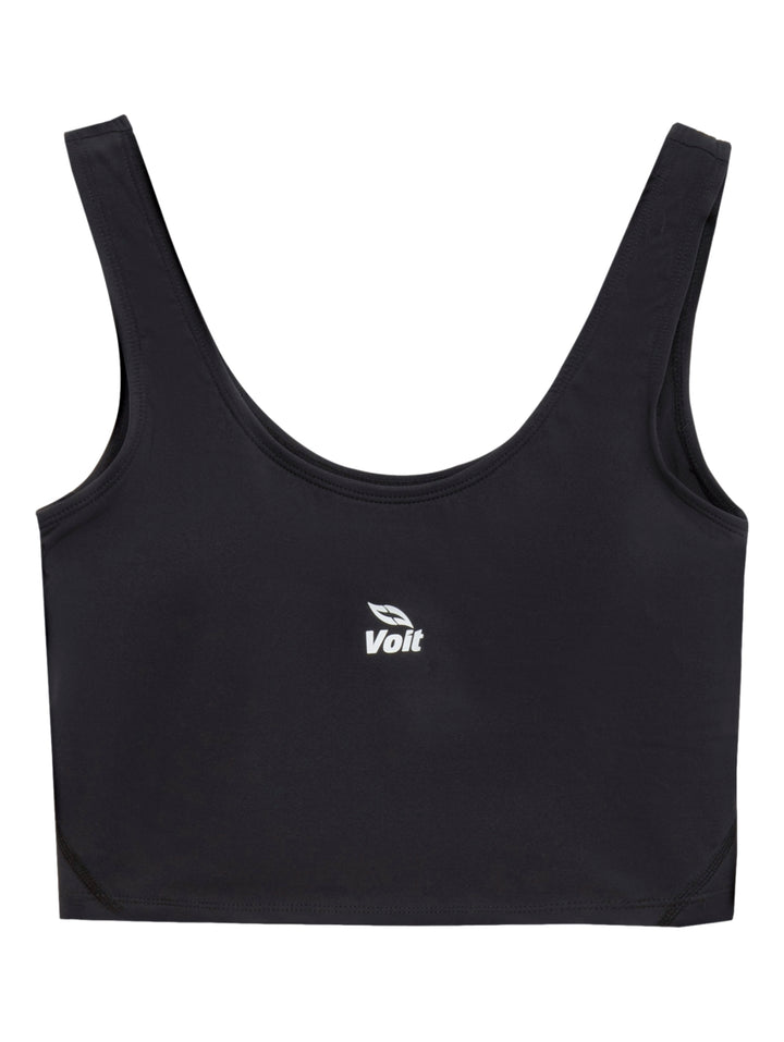 Top deportivo negro de marca Voit para mujer, estilo crop top con cuello redondo.