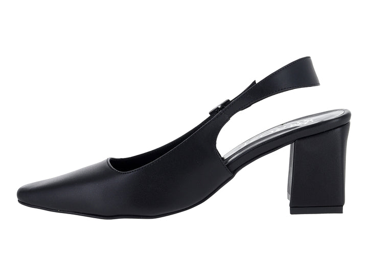 Zapato negro de tacón cuadrado y correa trasera marca ROZE sobre fondo blanco.