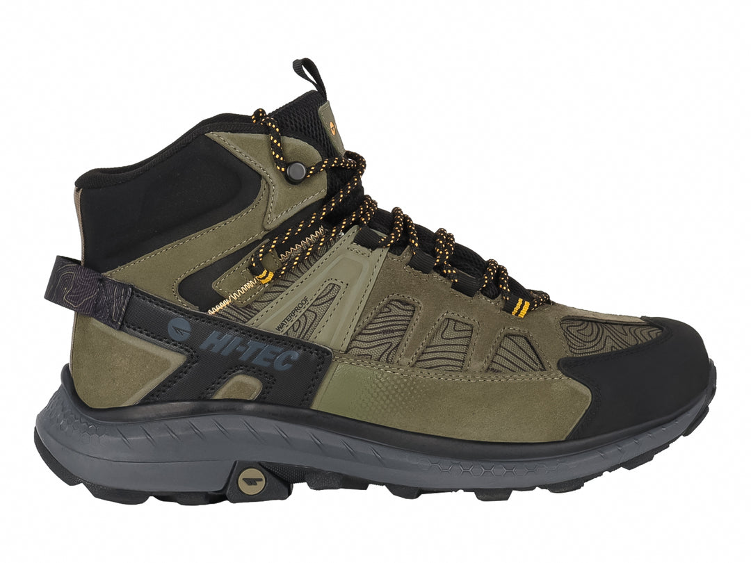 Bota de senderismo HI-TEC Ronan Mid WP en color oliva con detalles negros y suela robusta.
