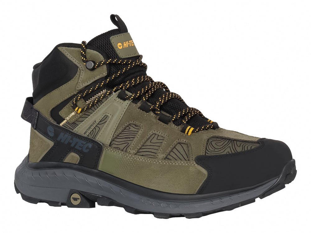 Bota de senderismo HI-TEC Ronan Mid WP en color oliva con detalles negros y suela robusta.