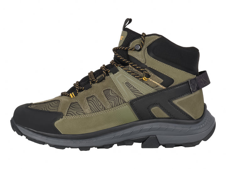 Bota de senderismo HI-TEC Ronan Mid WP en color oliva con detalles negros y suela robusta.