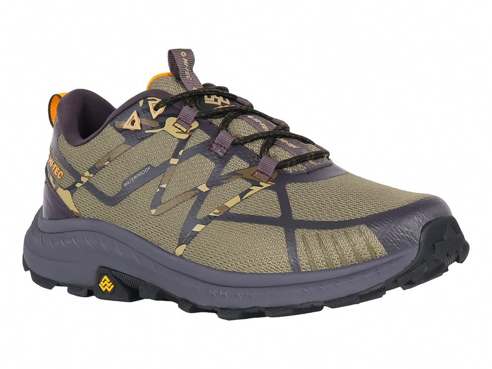 Zapato de senderismo HI-TEC color verde oliva y morado con detalles naranjas y suela antideslizante.