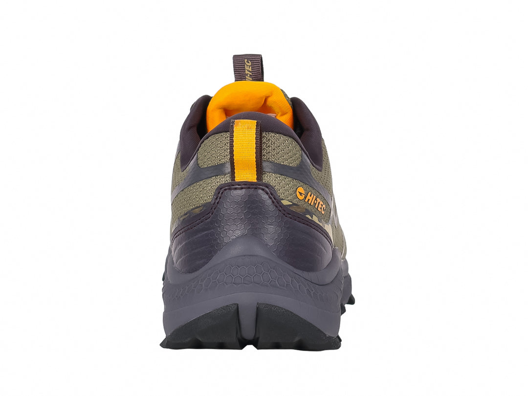 Zapato de senderismo HI-TEC color verde oliva y morado con detalles naranjas y suela antideslizante.