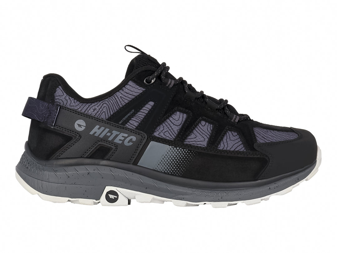 Zapato deportivo HI-TEC Ronan Low en color negro y gris, diseño resistente para senderismo con suela blanca.