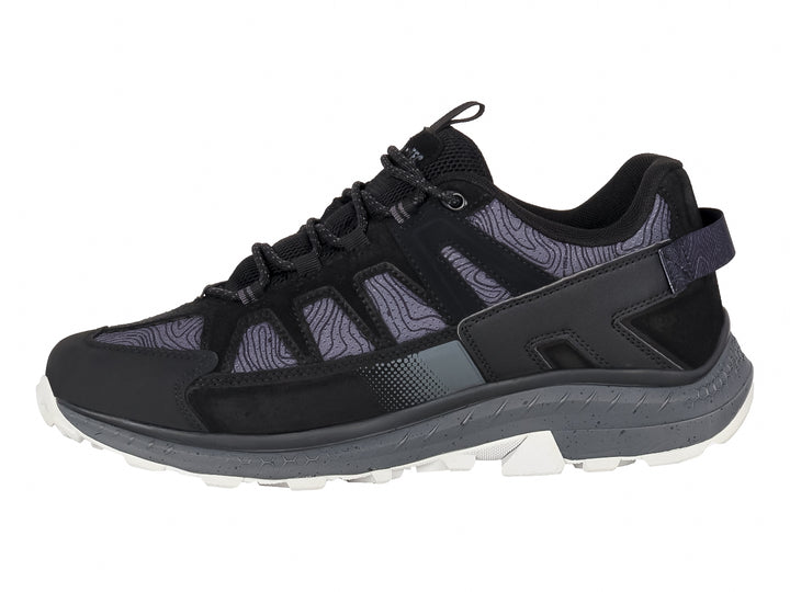 Zapato deportivo HI-TEC Ronan Low en color negro y gris, diseño resistente para senderismo con suela blanca.