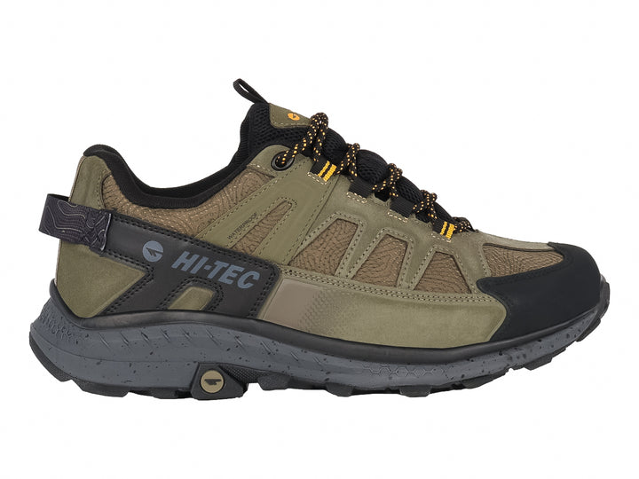 Zapato deportivo HI-TEC Ronan Low WP en color oliva con detalles en negro y suela todoterreno.