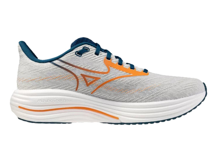 Tenis deportivos Mizuno Wave Rider 29 en color blanco con detalles en naranja y azul.