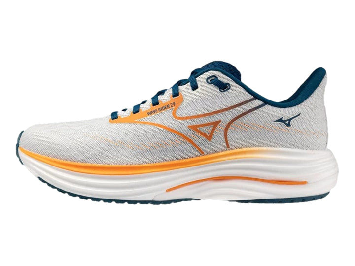 Tenis deportivos Mizuno Wave Rider 29 en color blanco con detalles en naranja y azul.