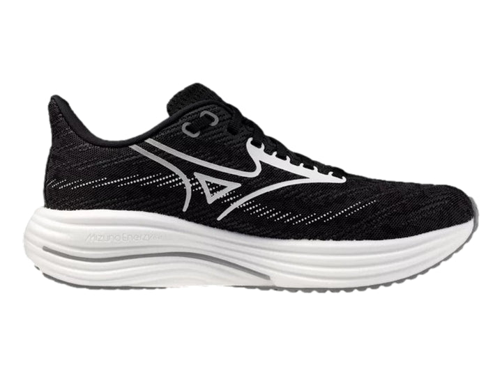 Tenis deportivos Mizuno Wave Rider 29 en color negro con suela blanca y detalles laterales blancos.