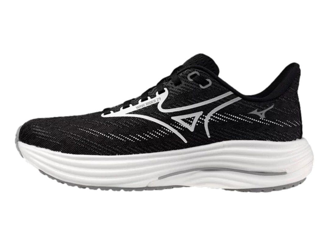 Tenis deportivos Mizuno Wave Rider 29 en color negro con suela blanca y detalles laterales blancos.