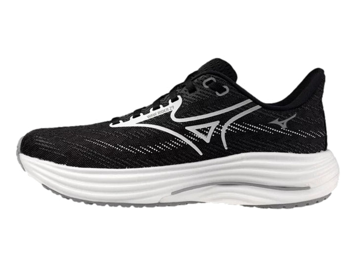 Tenis deportivos Mizuno Wave Rider 29 en color negro con suela blanca y detalles laterales blancos.
