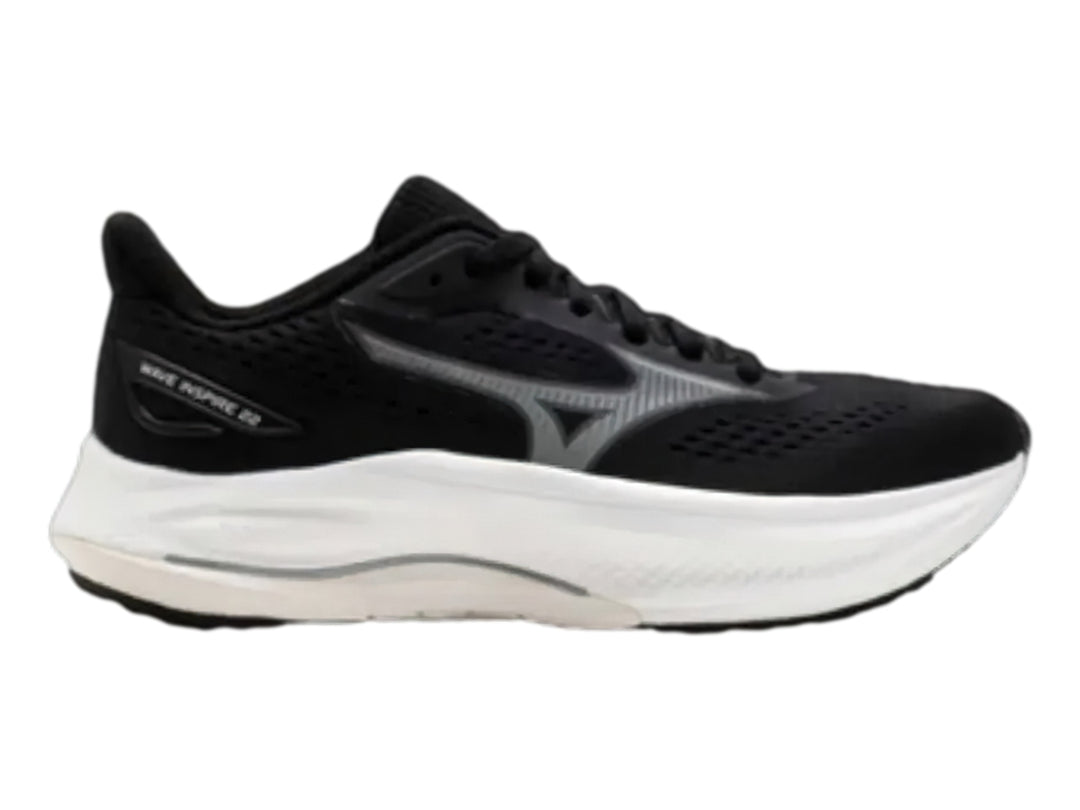 Tenis deportivos Mizuno Wave Inspire 22 color negro con suela blanca y detalles en gris.