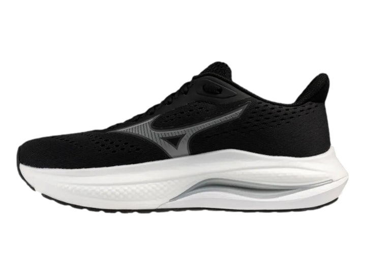 Tenis deportivos Mizuno Wave Inspire 22 color negro con suela blanca y detalles en gris.