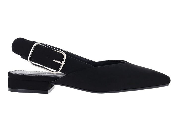 Zapato plano negro de gamuza con punta afilada y correa con hebilla plateada