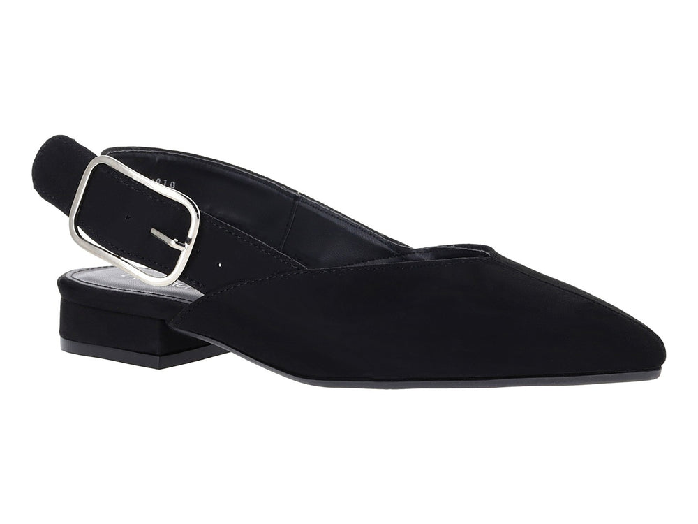 Zapato plano negro de gamuza con punta afilada y correa con hebilla plateada