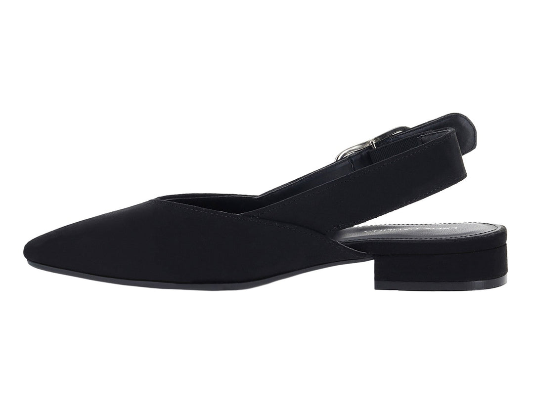 Zapato plano negro de gamuza con punta afilada y correa con hebilla plateada