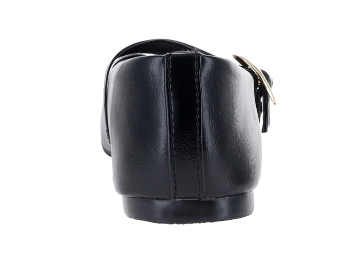 Zapato plano tipo ballerina color negro con hebilla dorada decorativa.