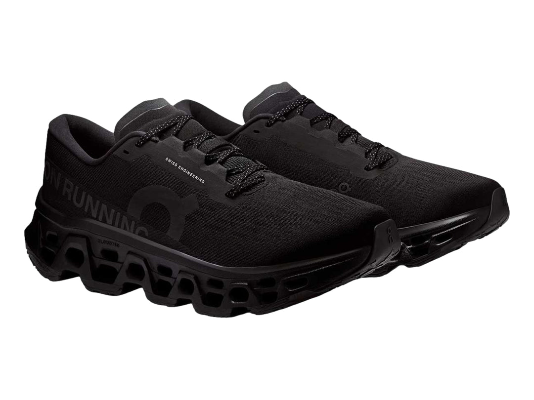 Tenis deportivos On Cloud Cloudmonster 3 color negro para mujer con suela de amortiguación tecnológica.