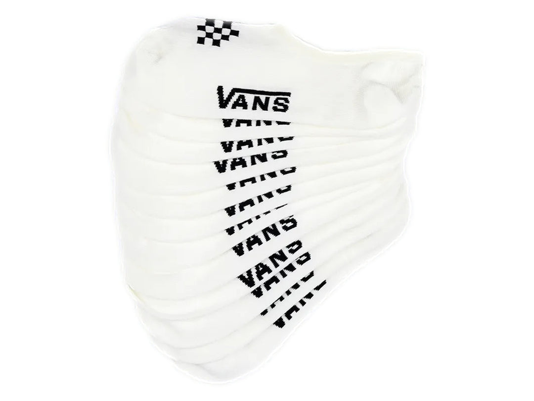 Paquete de calcetines invisibles blancos de la marca Vans con logotipo negro.