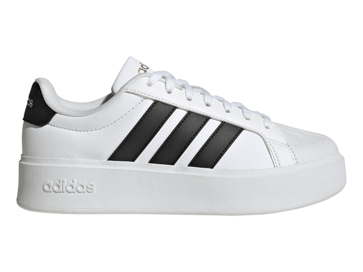Tenis Adidas Streettalk Bold en color blanco con tres franjas negras laterales y suela de plataforma blanca.