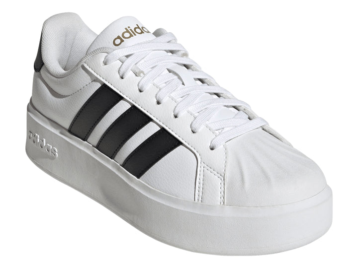Tenis Adidas Streettalk Bold en color blanco con tres franjas negras laterales y suela de plataforma blanca.