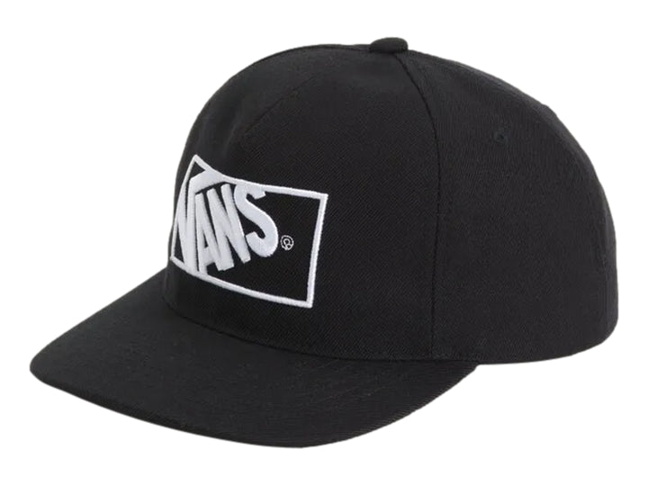 Gorra snapback negra de Vans con logotipo blanco en el frente y visera plana.