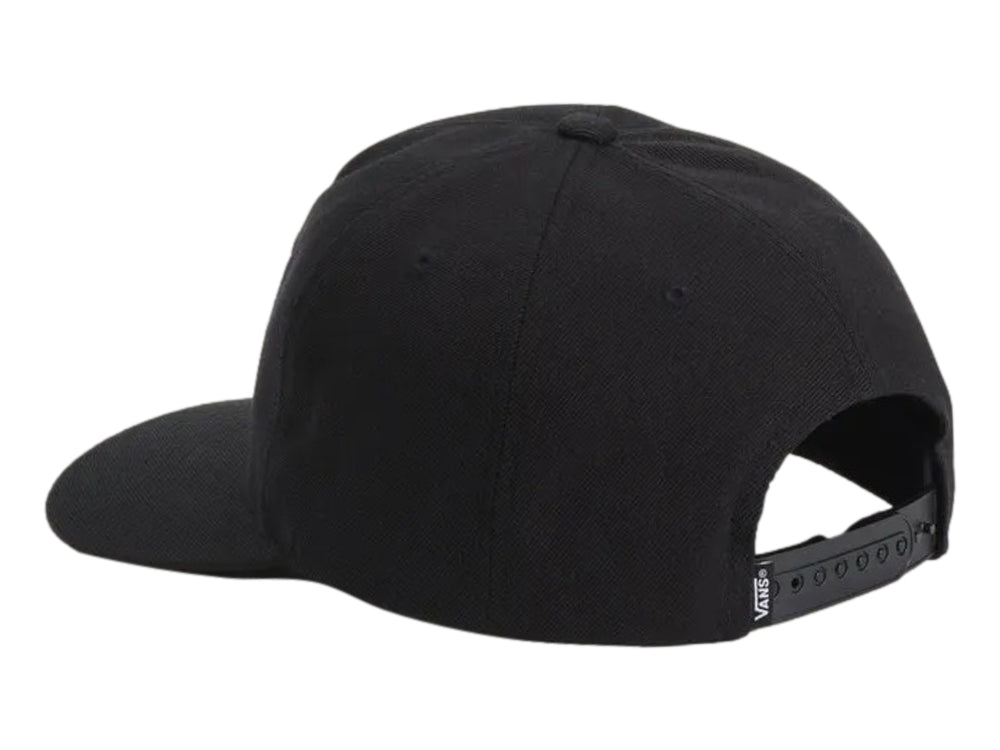 Gorra snapback negra de Vans con logotipo blanco en el frente y visera plana.