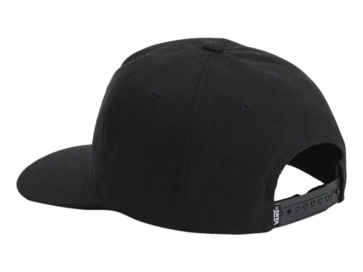 Gorra snapback negra de Vans con logotipo blanco en el frente y visera plana.