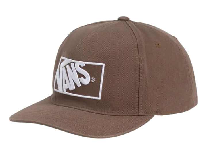 Gorra snapback color marrón vintage cocoa con logotipo blanco de VANS en el frente.
