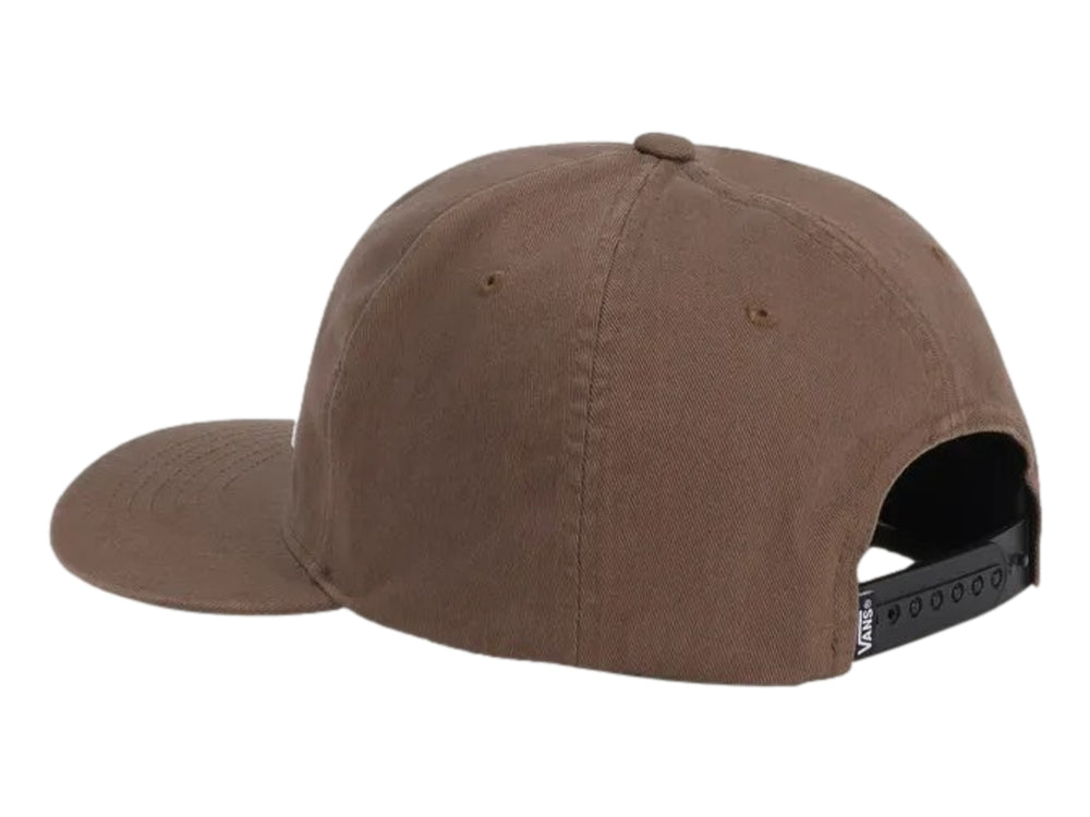 Gorra snapback color marrón vintage cocoa con logotipo blanco de VANS en el frente.