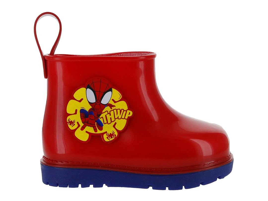 Bota de lluvia roja para niño con diseño de Spider-Man y suela azul.